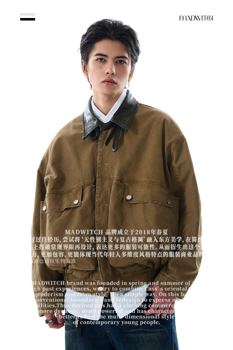 MADWITCH LARGE POCKET LEATHER COLLAR JACKET #W2511