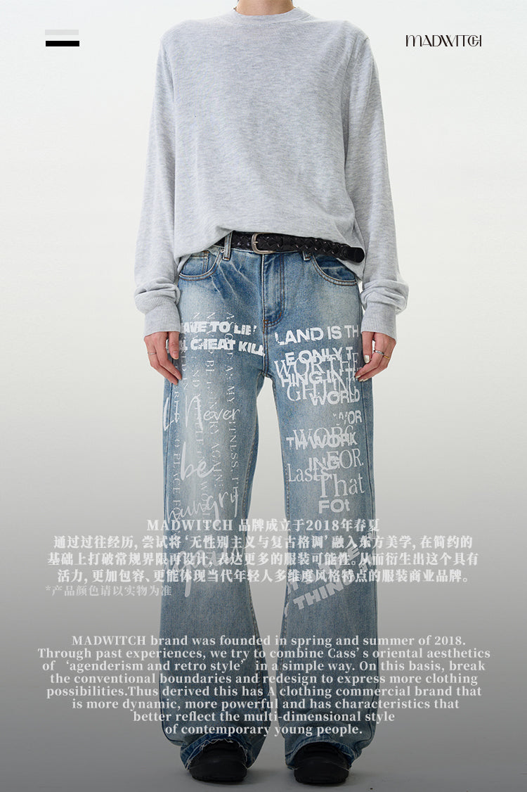 MADWITCH LETTER PRINT DENIM PANTS #G6482