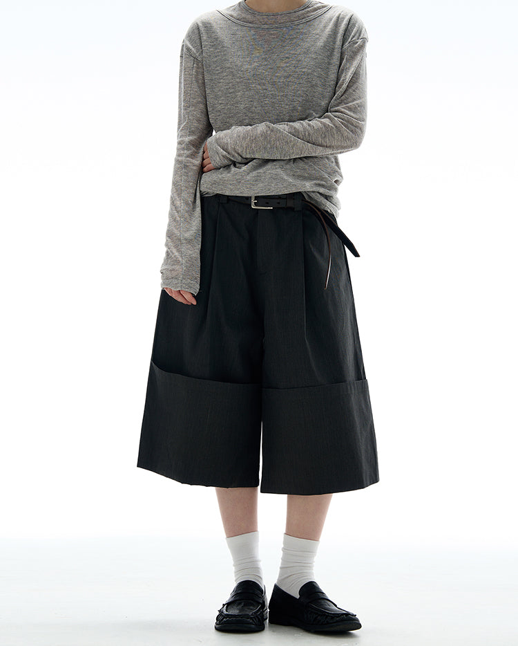 MADWITCH ROLLED HEM WIDE LEG CROP PANTS #C009