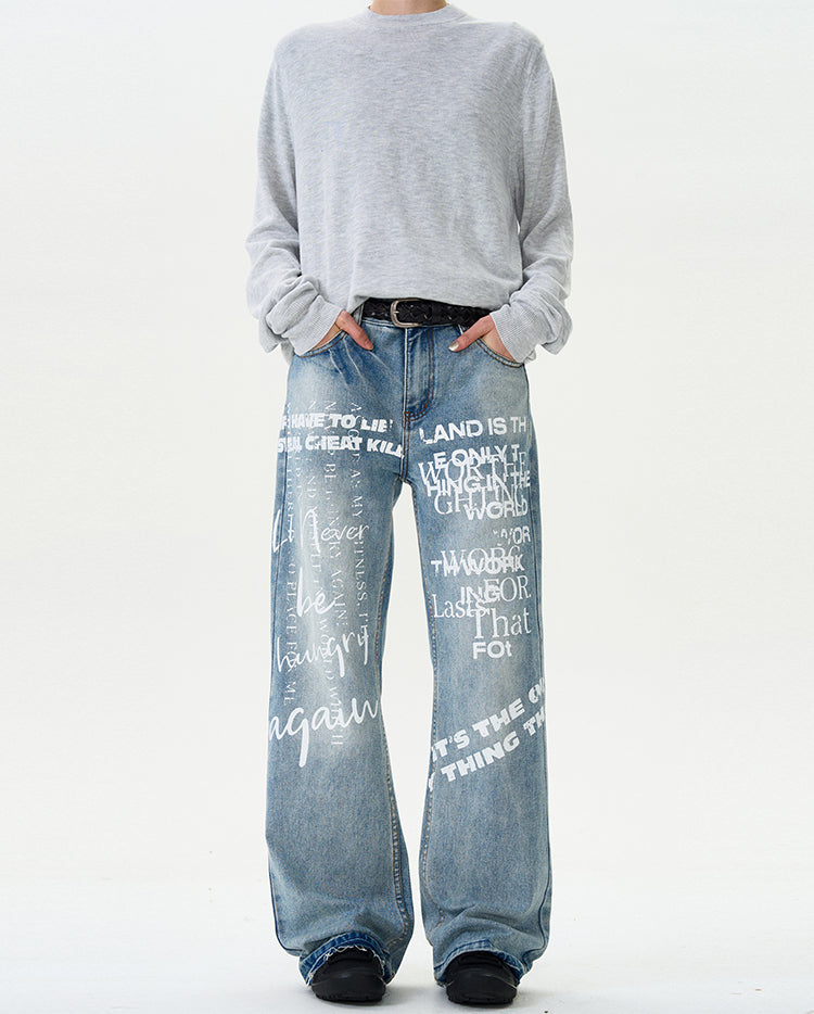 MADWITCH LETTER PRINT DENIM PANTS #G6482