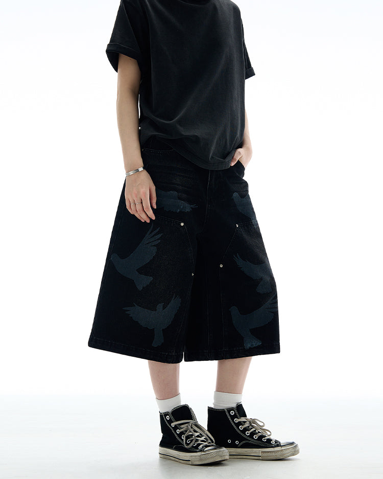 MADWITCH VINTAGE PRINTED CROPPED DENIM PANTS #L533
