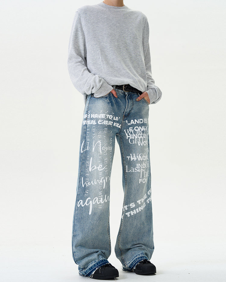 MADWITCH LETTER PRINT DENIM PANTS #G6482