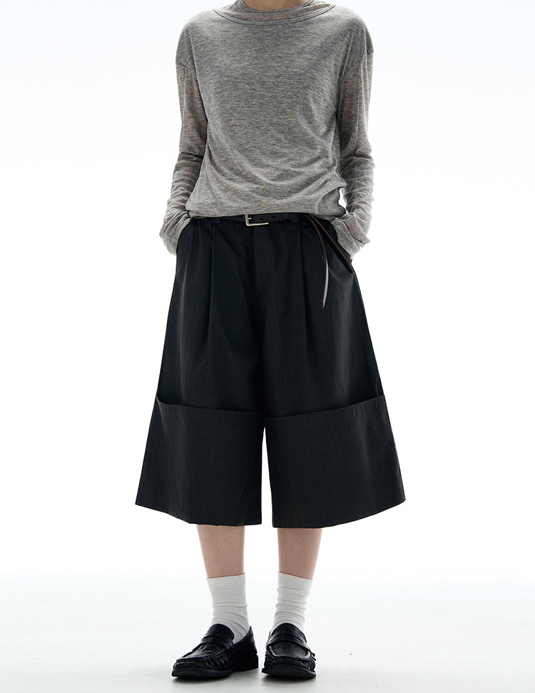 MADWITCH ROLLED HEM WIDE LEG CROP PANTS #C009