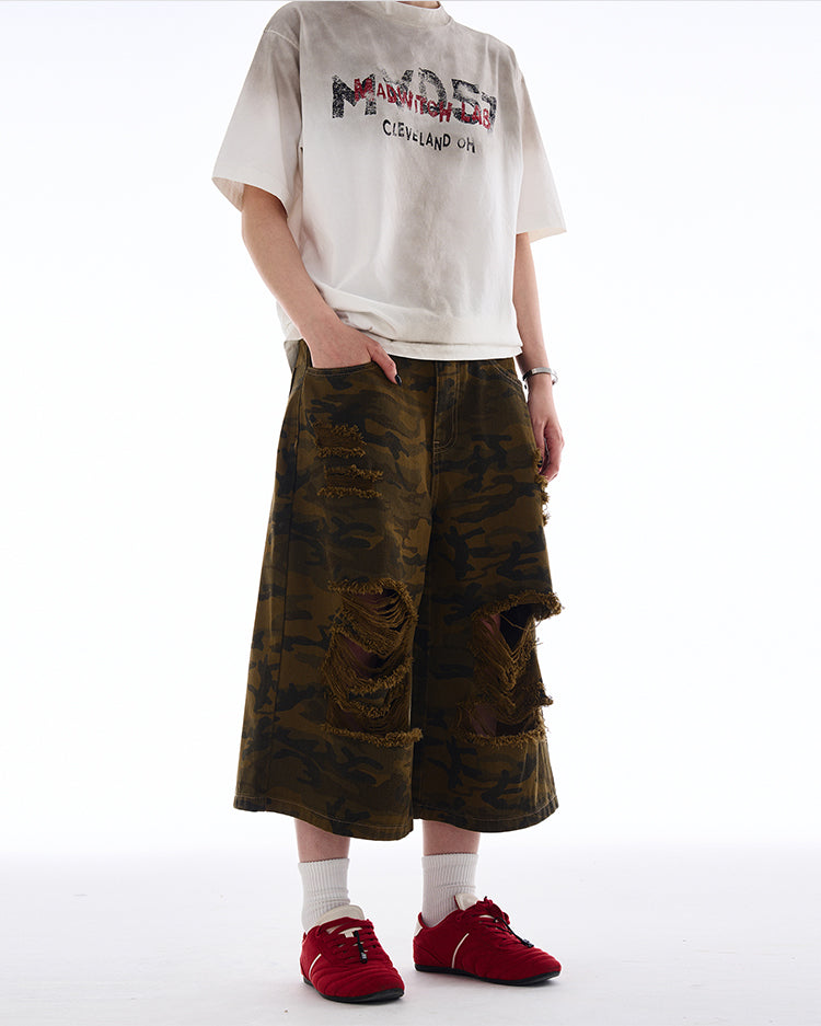 MADWITCH RIPPED CAMO CROPPED PANTS #A590