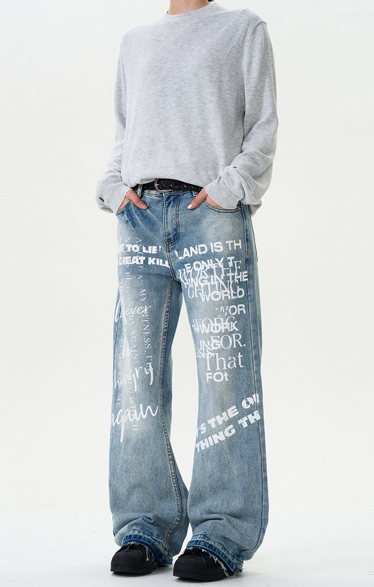 MADWITCH LETTER PRINT DENIM PANTS #G6482
