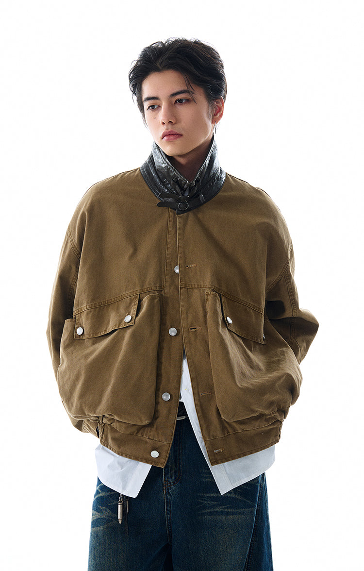 MADWITCH LARGE POCKET LEATHER COLLAR JACKET #W2511