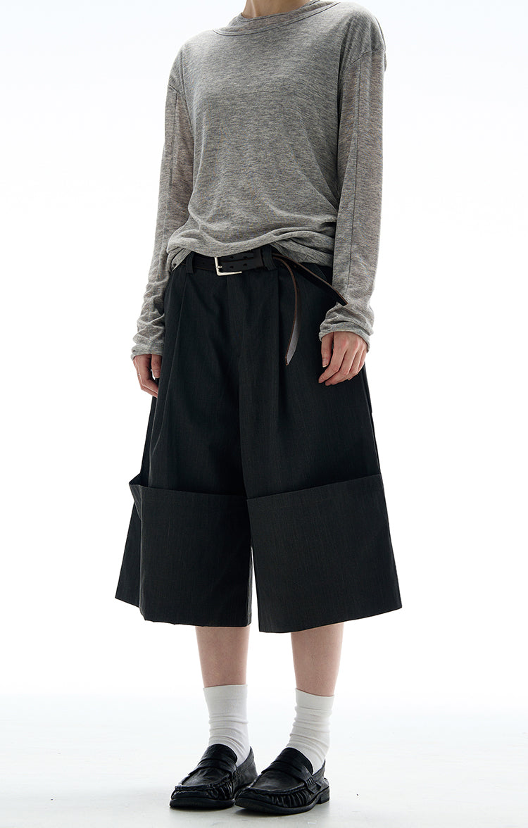 MADWITCH ROLLED HEM WIDE LEG CROP PANTS #C009