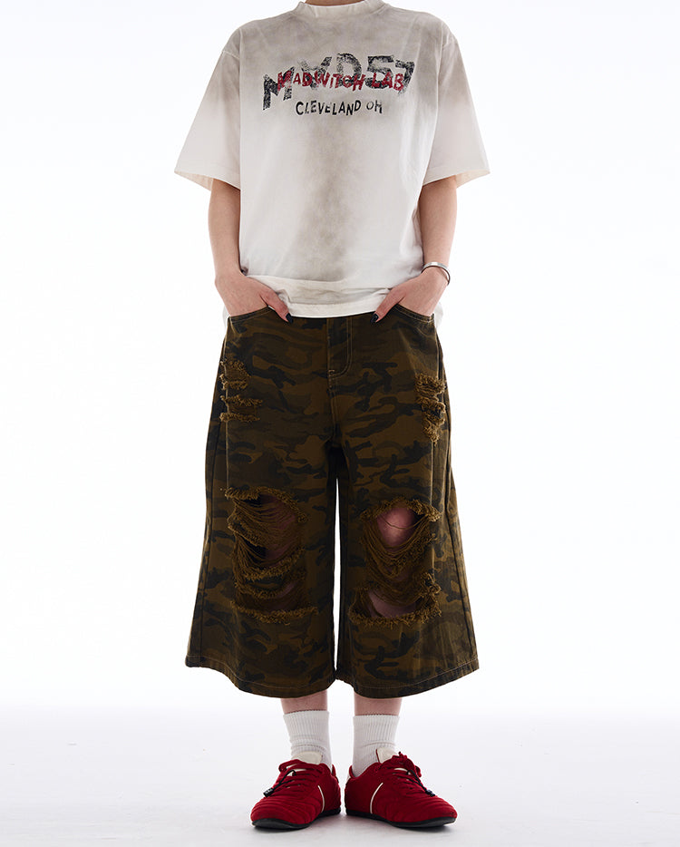 MADWITCH RIPPED CAMO CROPPED PANTS #A590