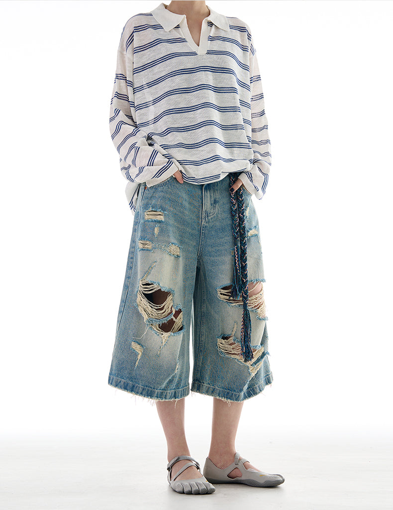 MADWITCH ROCK STYLE DISTRESSED CROP DENIM JEANS #K9562D