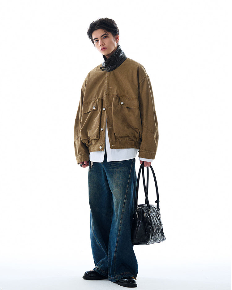 MADWITCH LARGE POCKET LEATHER COLLAR JACKET #W2511