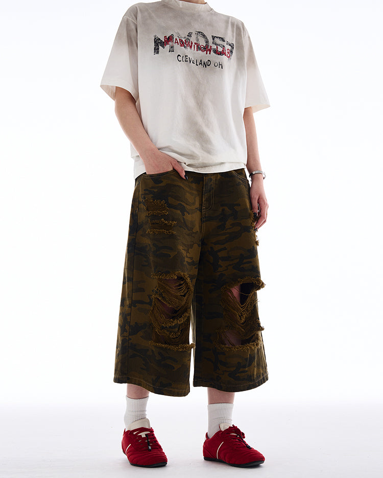 MADWITCH RIPPED CAMO CROPPED PANTS #A590