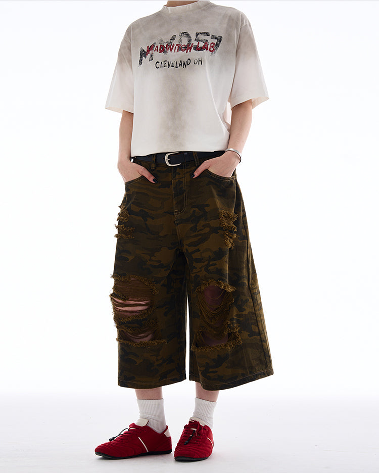 MADWITCH RIPPED CAMO CROPPED PANTS #A590