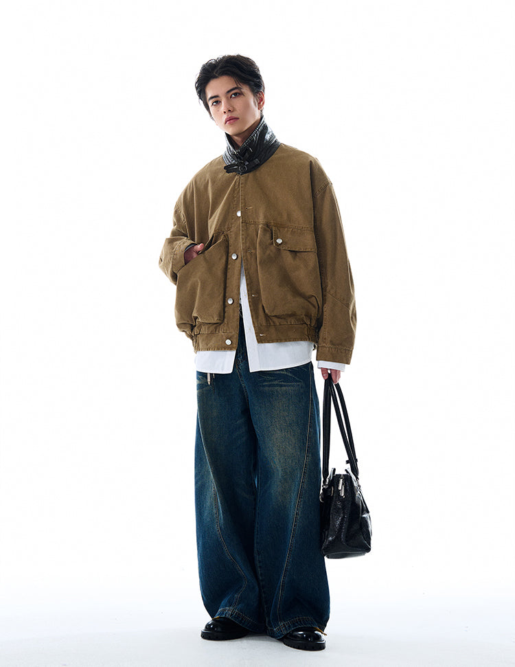 MADWITCH LARGE POCKET LEATHER COLLAR JACKET #W2511