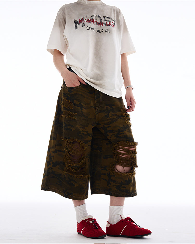MADWITCH RIPPED CAMO CROPPED PANTS #A590