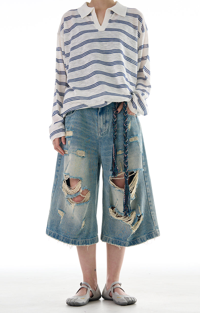 MADWITCH ROCK STYLE DISTRESSED CROP DENIM JEANS #K9562D