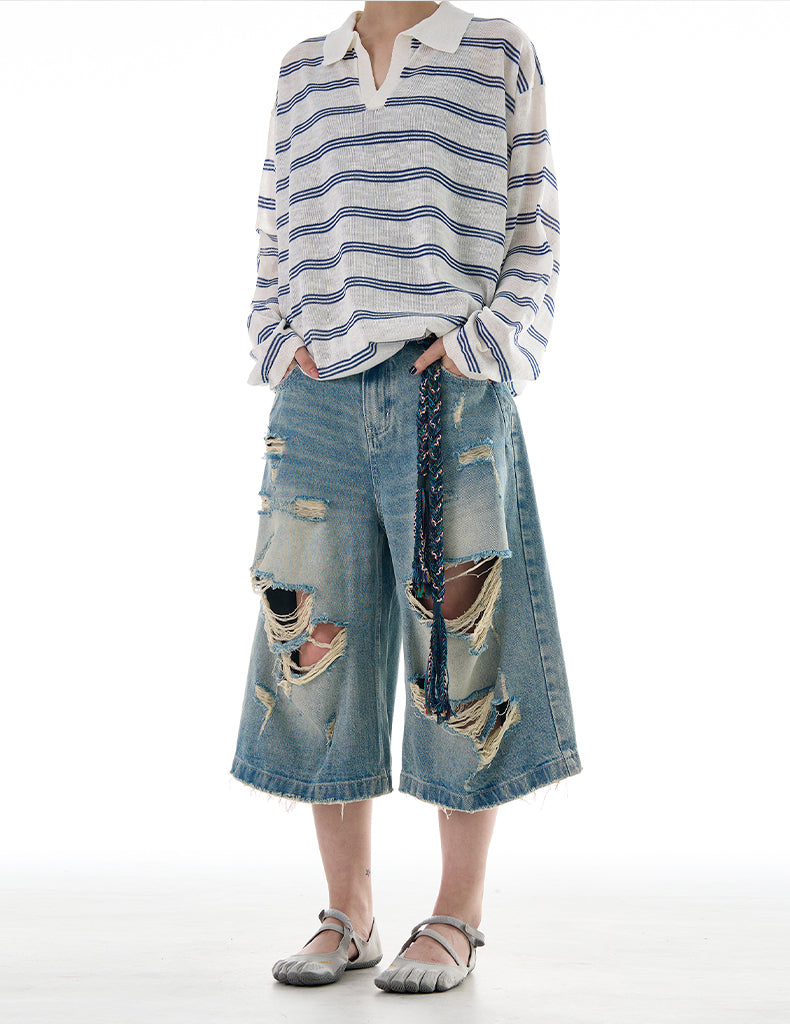 MADWITCH ROCK STYLE DISTRESSED CROP DENIM JEANS #K9562D