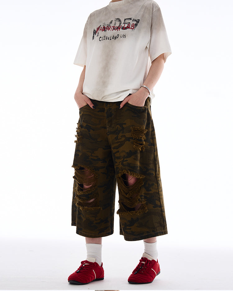 MADWITCH RIPPED CAMO CROPPED PANTS #A590