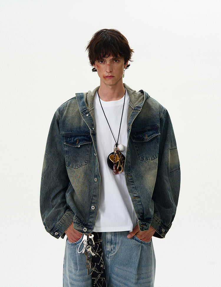 MADWITCH VINTAGE HOODED DENIM JACKET #Z408