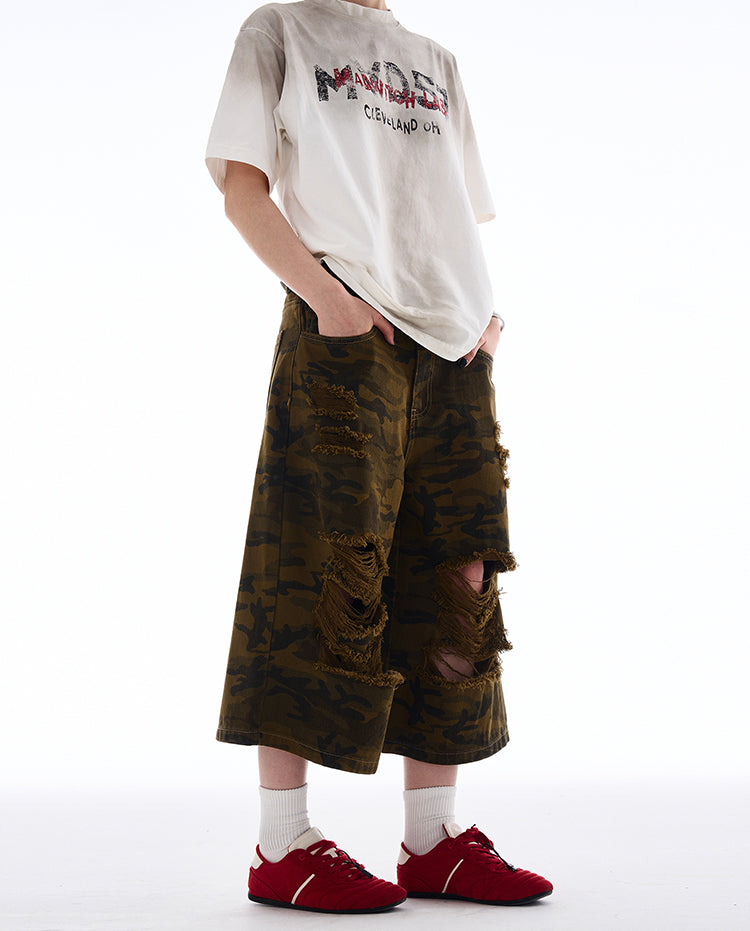 MADWITCH RIPPED CAMO CROPPED PANTS #A590