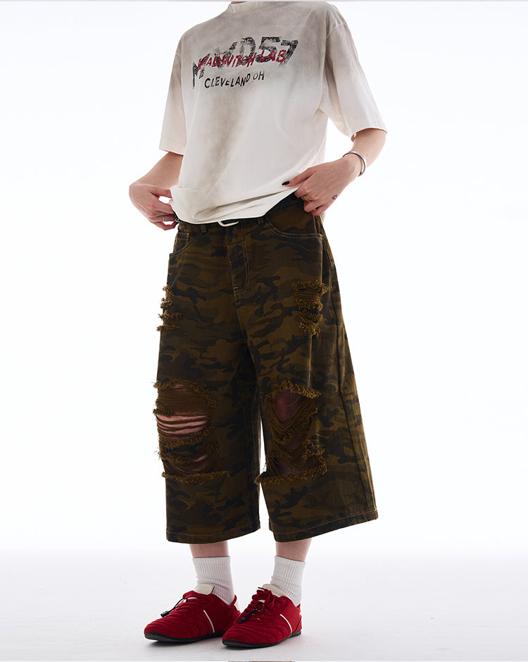 MADWITCH RIPPED CAMO CROPPED PANTS #A590
