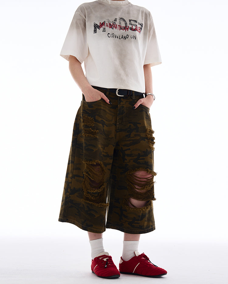 MADWITCH RIPPED CAMO CROPPED PANTS #A590