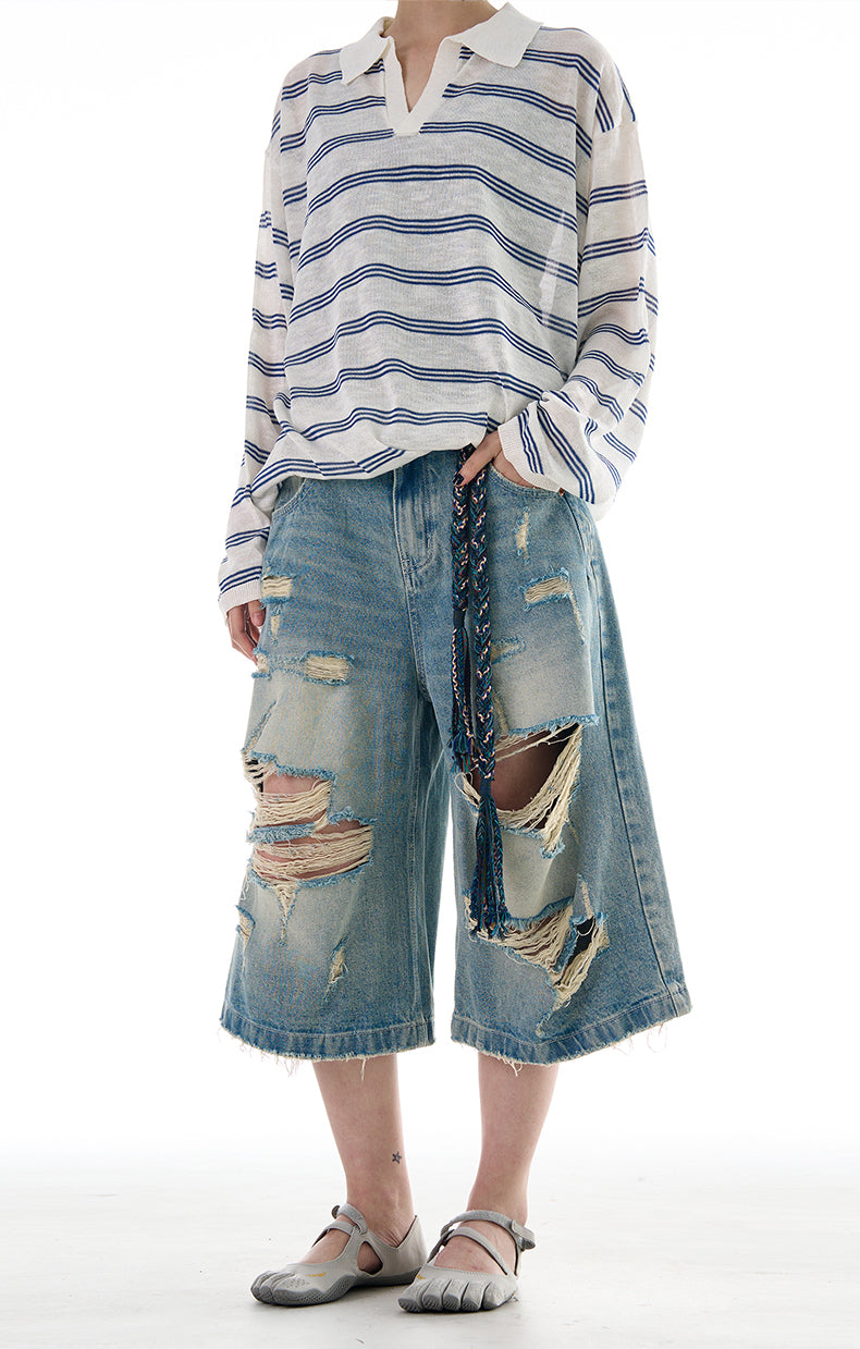 MADWITCH ROCK STYLE DISTRESSED CROP DENIM JEANS #K9562D