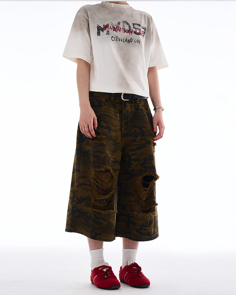 MADWITCH RIPPED CAMO CROPPED PANTS #A590