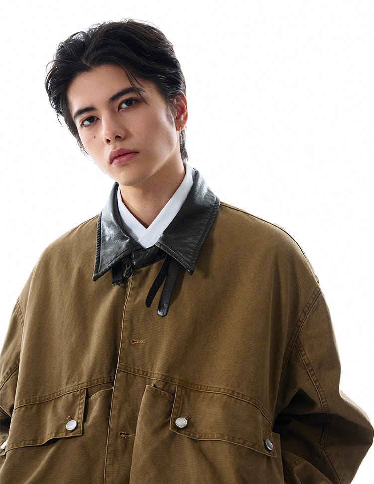 MADWITCH LARGE POCKET LEATHER COLLAR JACKET #W2511