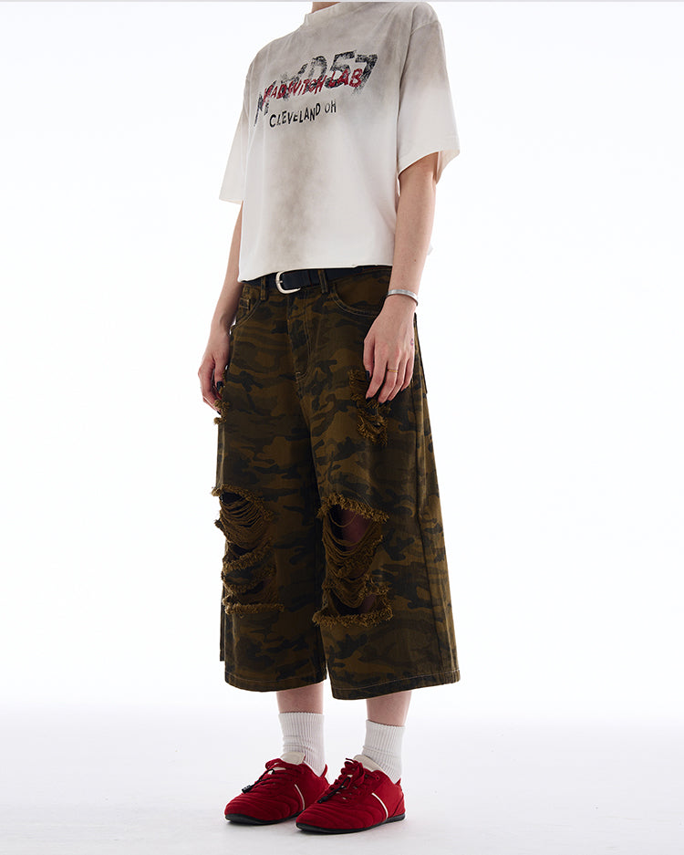 MADWITCH RIPPED CAMO CROPPED PANTS #A590