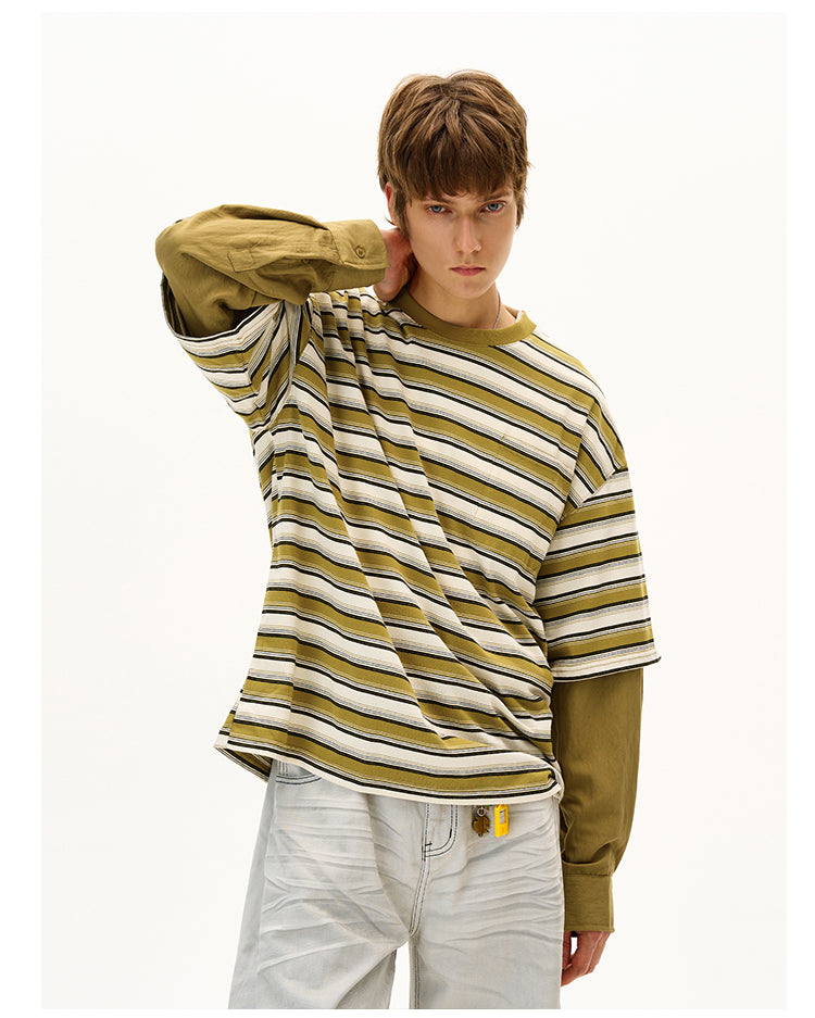 MADWITCH FAUX LAYERED STRIPE LONG SLEEVE #990369
