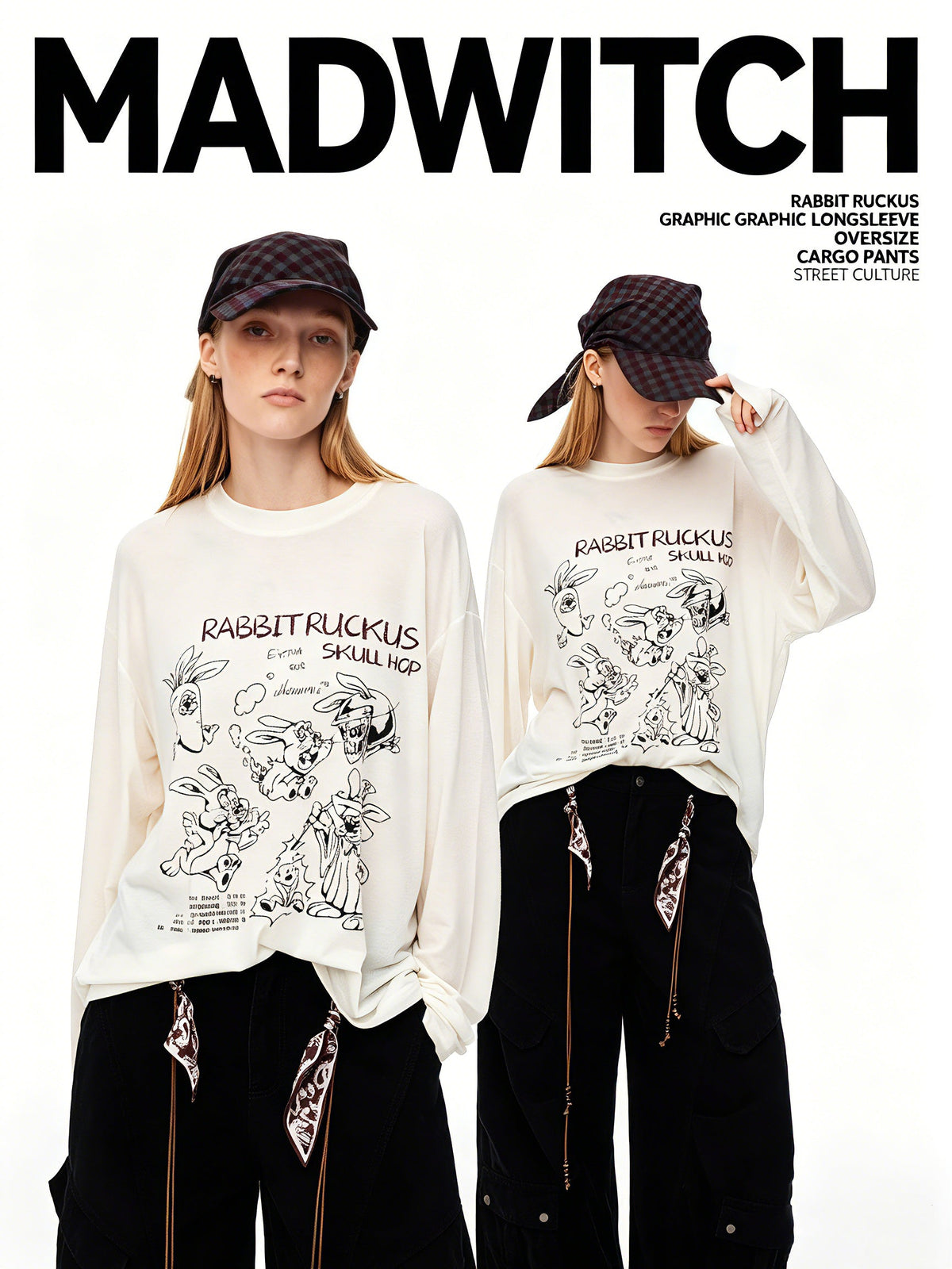 2026 Unisex Vintage Oversized Long Sleeve Set, Distressed Punk Tee & Lightweight Rabbit Print Tops Recommendation - MadWitch Store