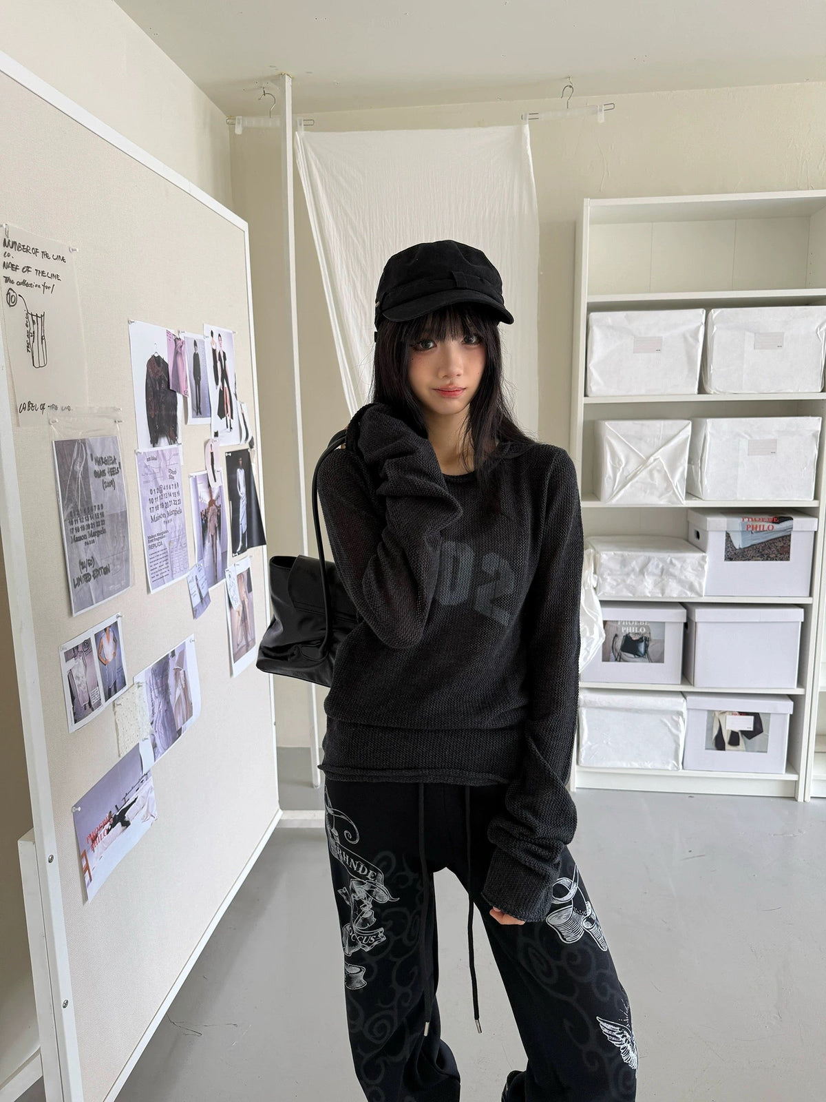 MADWITCH Mesh Graphic Cropped Sweater MYC032, black semi-sheer mesh chest faded number print raw edge cropped long sleeve with black newsboy cap leather boots, unisex alt citywalk outfit