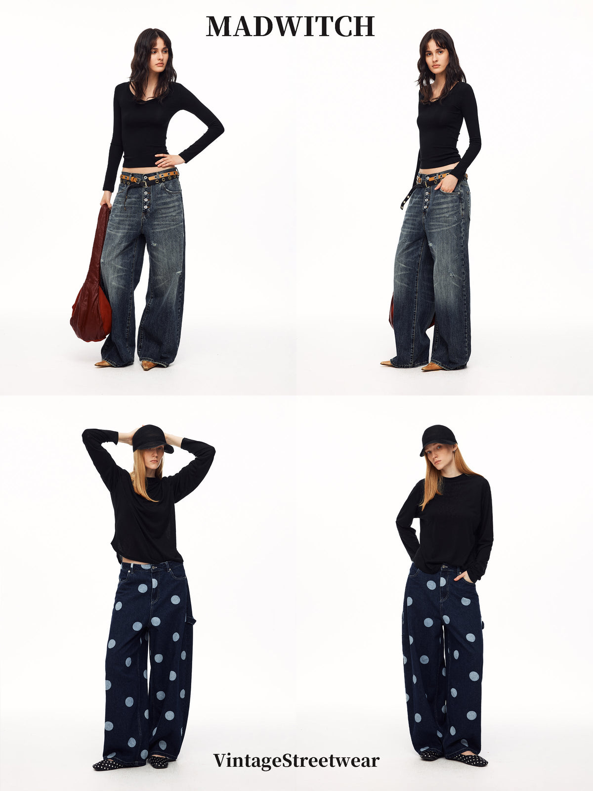2026 Vintage Wide Leg Jeans Collection, Multi-Button Washed & Heart Polka Dot Print Baggy Denim Recommendation - MadWitch Store