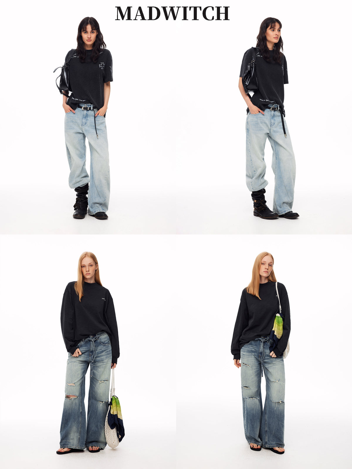 Unisex Vintage Denim Pieces Studded Curved Wide‑Leg Jeans & Ripped Distressed Curved Jeans, Pear‑Shaped & Petite Friendly Trousers - MadWitch Store