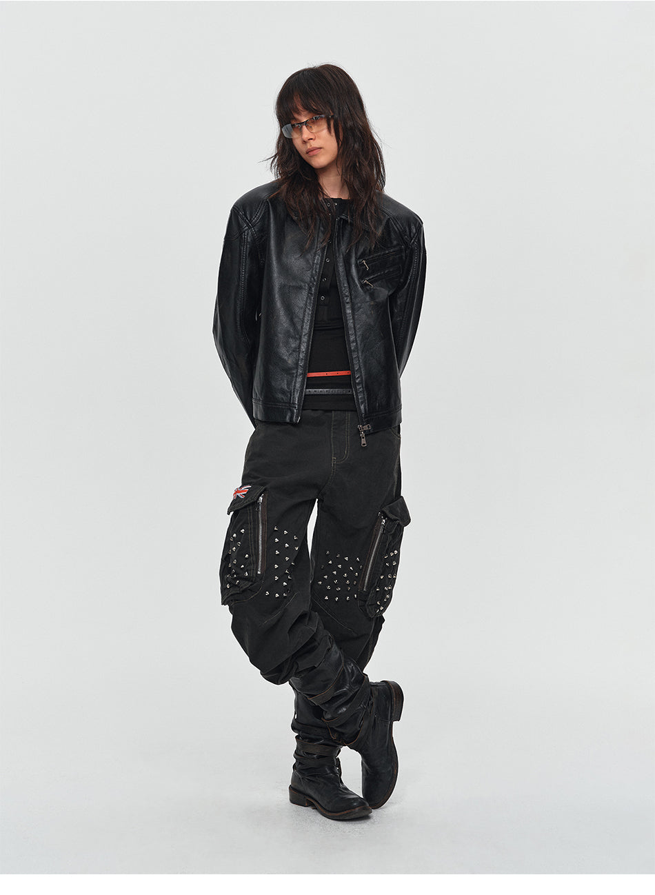 MADWITCH STUDDED WASHED MULTI-POCKET CARGO PANTS #L2026580