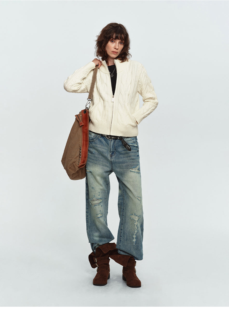 MADWITCH CABLE-KNIT STAND-COLLAR CARDIGAN SWEATER #L2026709