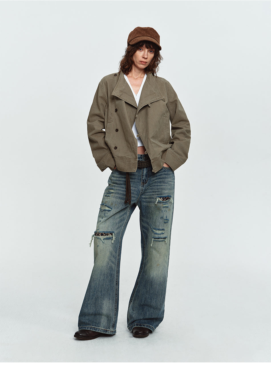 MADWITCH LEOPARD-POCKET DISTRESSED WIDE-LEG JEANS #G60073