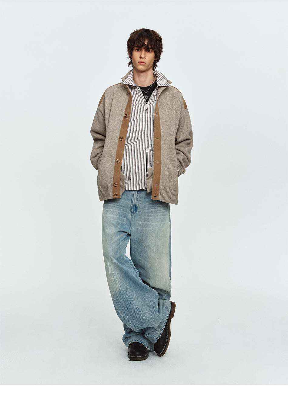 MADWITCH FAUX-SUEDE PANEL STAND-COLLAR KNIT CARDIGAN #991523