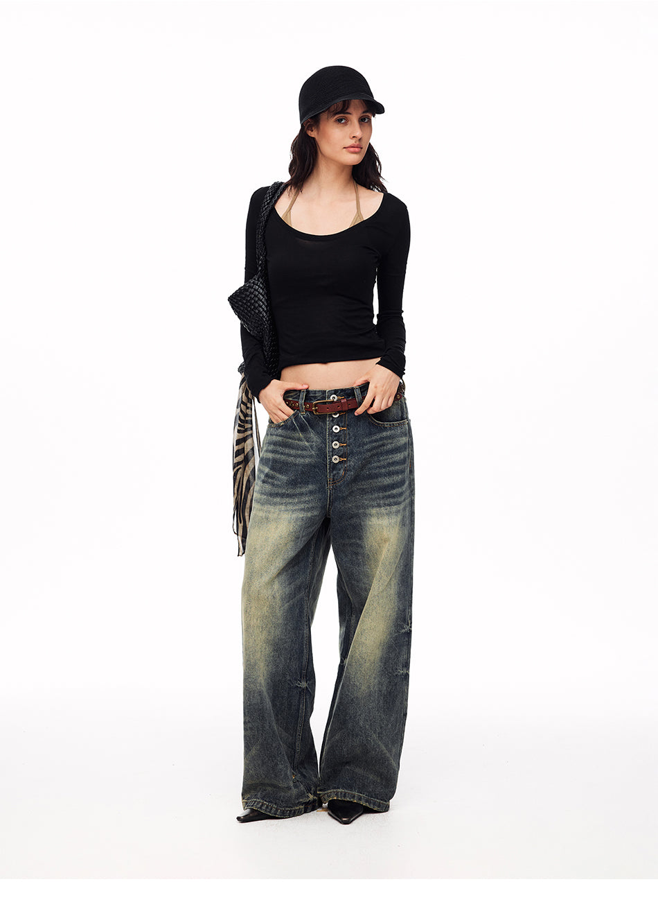 MADWITCH BUTTON-FLY DISTRESSED WIDE-LEG JEANS #DR8218