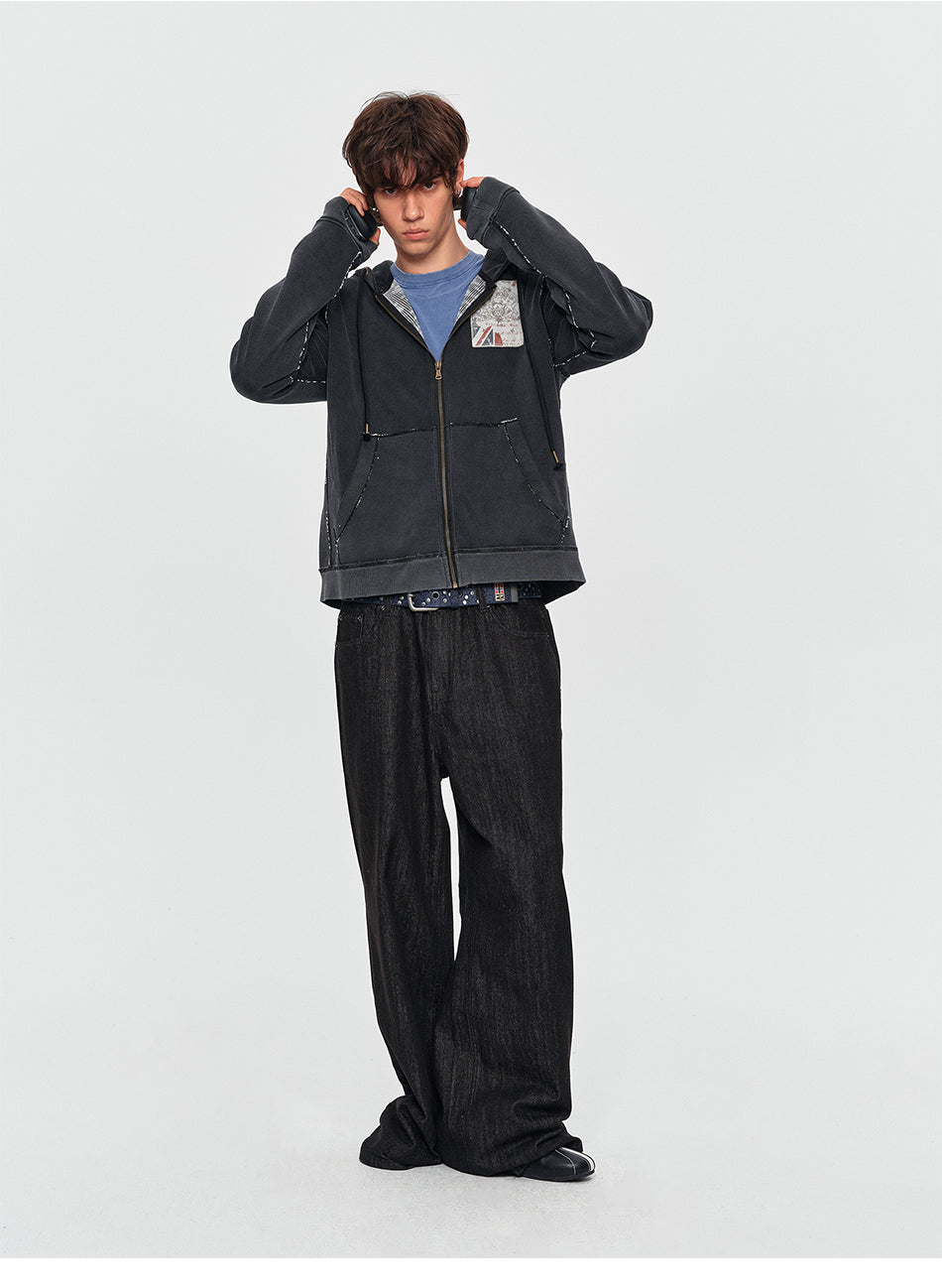 MADWITCH WASHED GRAPHIC-PATCH CROPPED ZIP HOODIE #2606WT5096