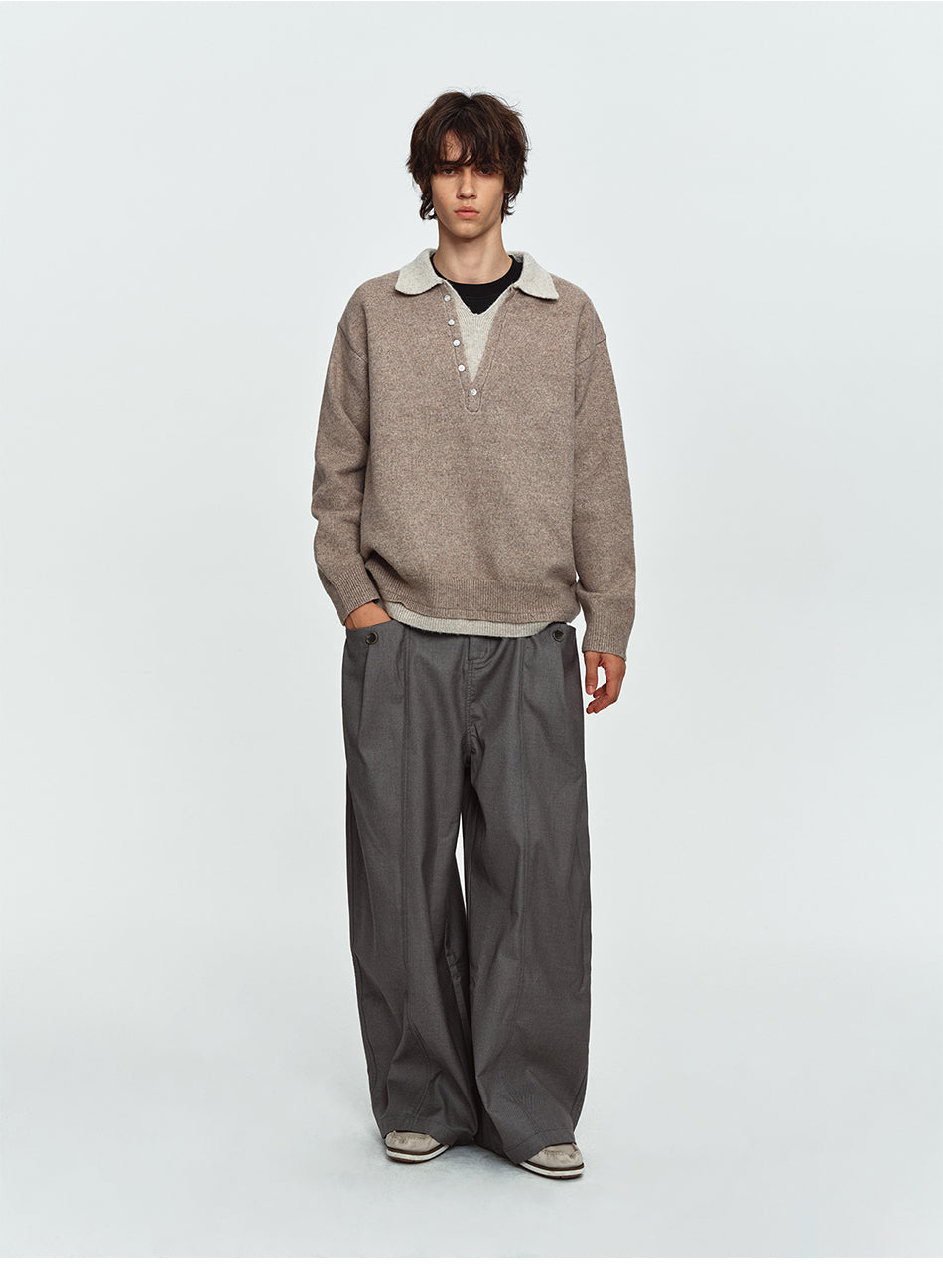 MADWITCH LAYERED CONTRAST-COLLAR BUTTON-PLACKET POLO SWEATER #68562