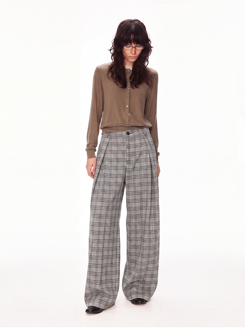 MADWITCH VINTAGE PLAID PLEATED WIDE-LEG TROUSERS #N2198