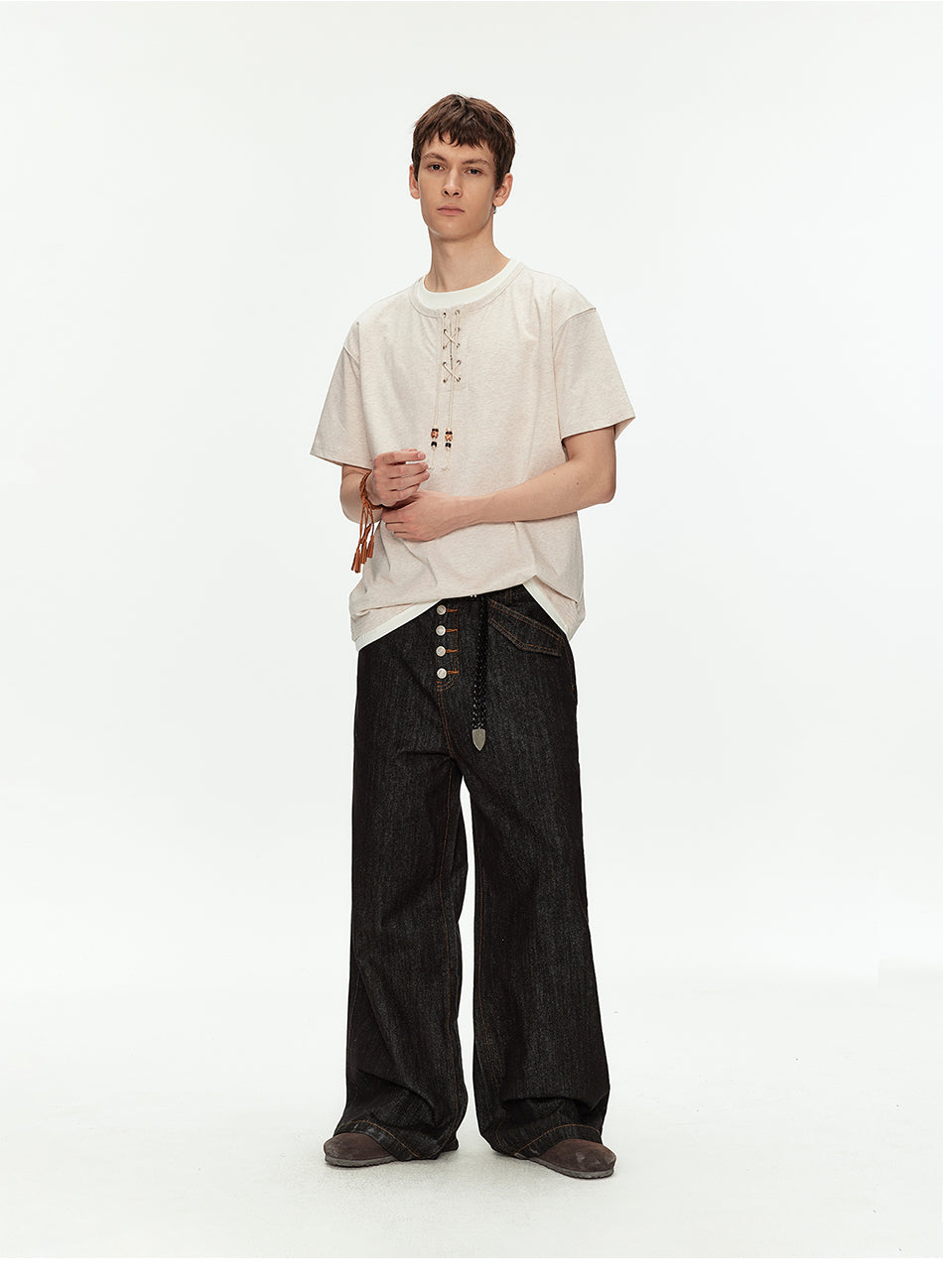 MADWITCH HENLEY NECK BEADED T SHIRT #991262