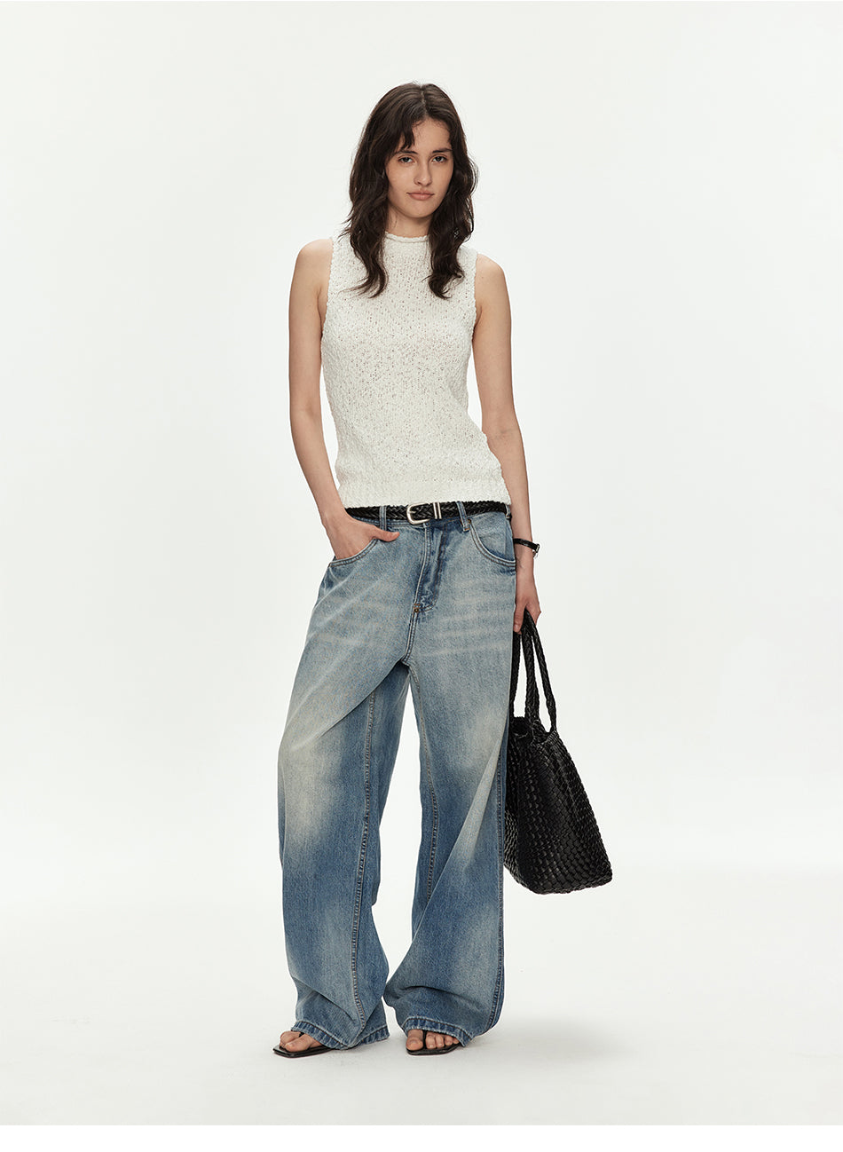 MADWITCH TEXTURED OPEN KNIT MOCK NECK VEST #MYCB017