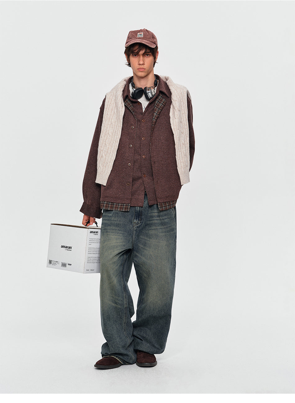 MADWITCH LAYERED PLAID-COLLAR BUTTONED SWEATSHIRT #880936