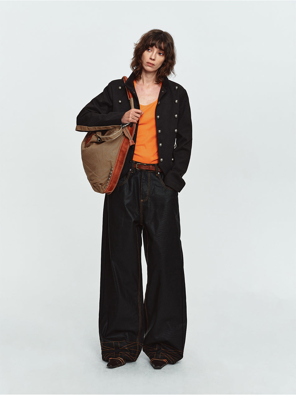 MADWITCH CONTRAST-STITCH WAXED-BLACK WIDE-LEG JEANS #GPC3659