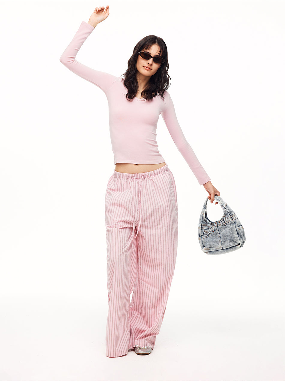 MADWITCH STRIPED DRAWSTRING SLOUCHY WIDE-LEG PANTS #CK61056