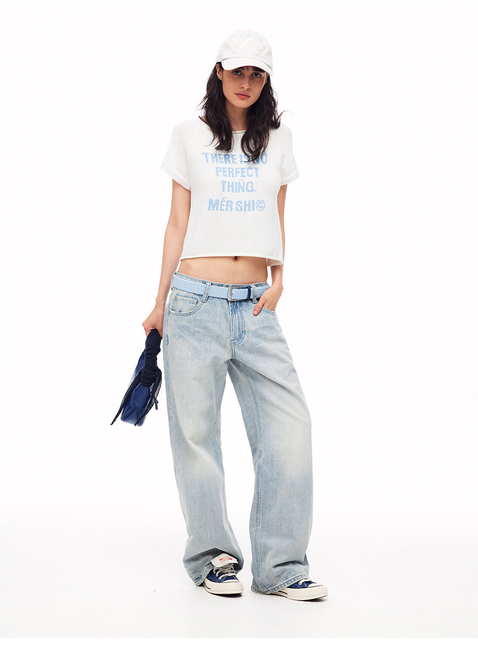 MADWITCH LETTER JACQUARD RIBBED CROPPED KNIT TEE #8787