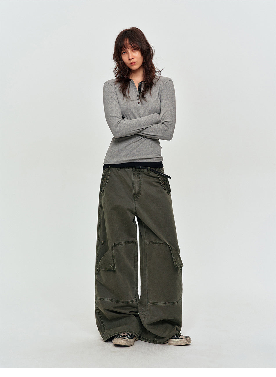 MADWITCH WASHED PANELED WIDE-LEG CARGO PANTS #DR9621