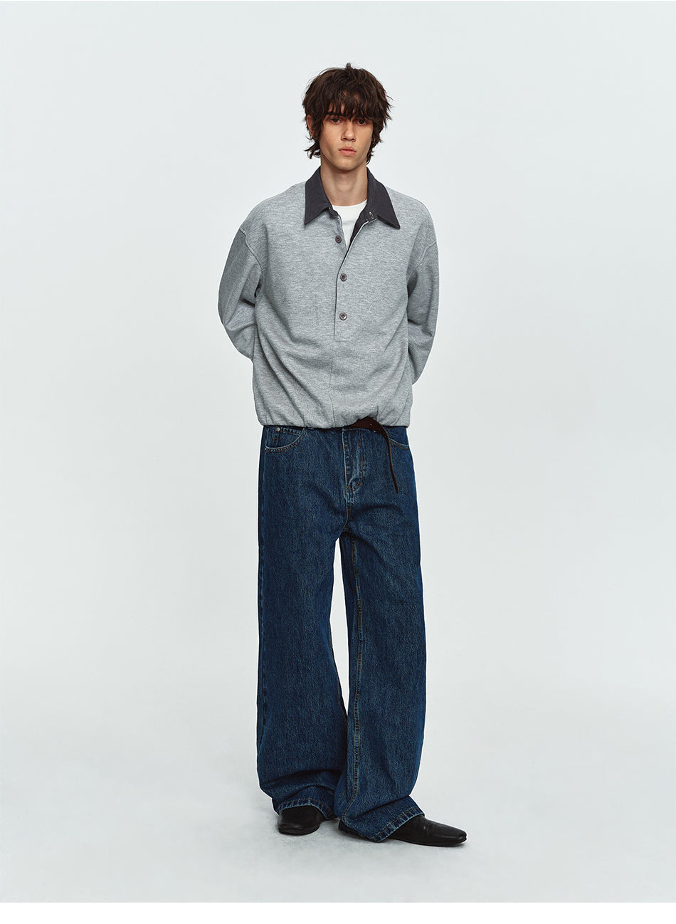 MADWITCH CONTRAST-COLLAR BUTTON-PLACKET CINCHED SWEATSHIRT #991399